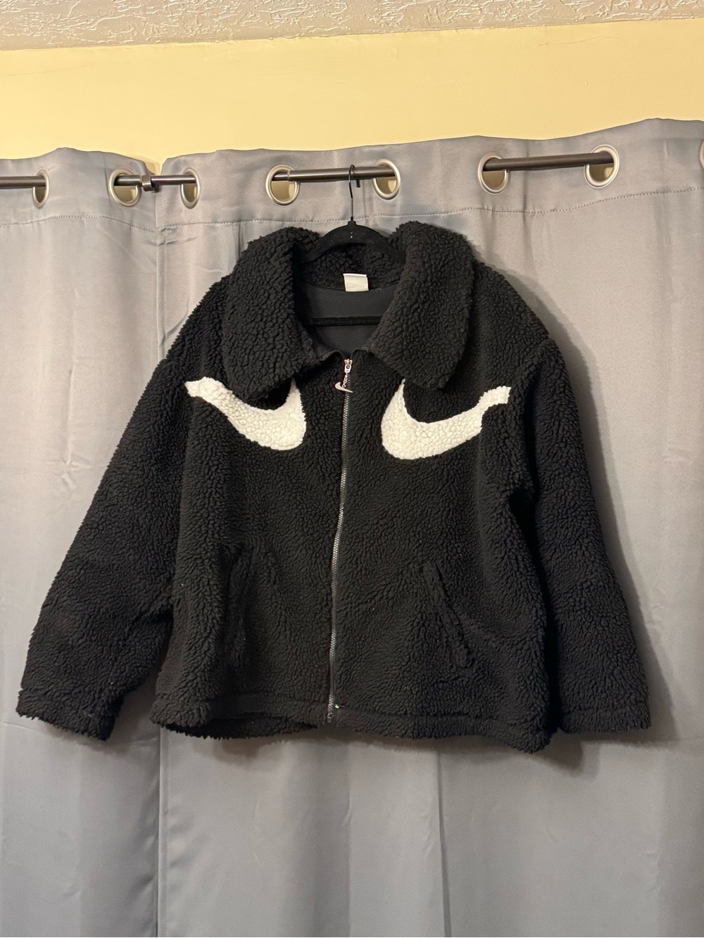 Nike Black Teddy Sherpa Jacket with White Swoosh Accents